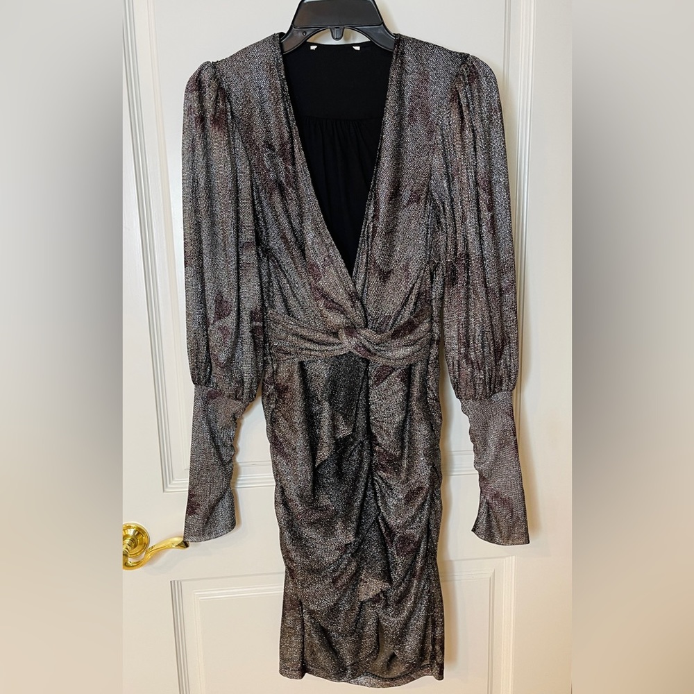 ❤️ BA&SH METALLIC FITTED RUCHED MINI PARTY DRESS GATHERED SLEEVES SMALL LUREX